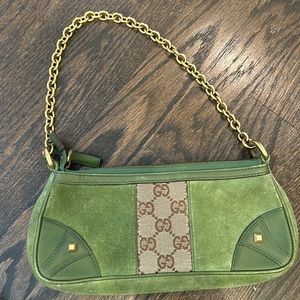 Gucci Clutch - Green Suede with Gold Chain